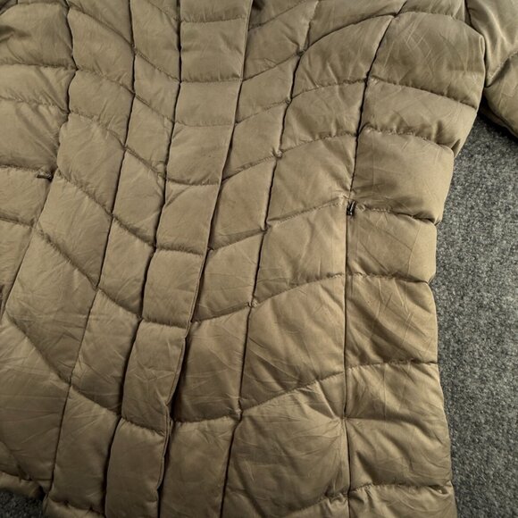 Patagonia Down Fill Puffer Jacket Coat Women Long Beige Hooded Medium Full Zip - Picture 9 of 16